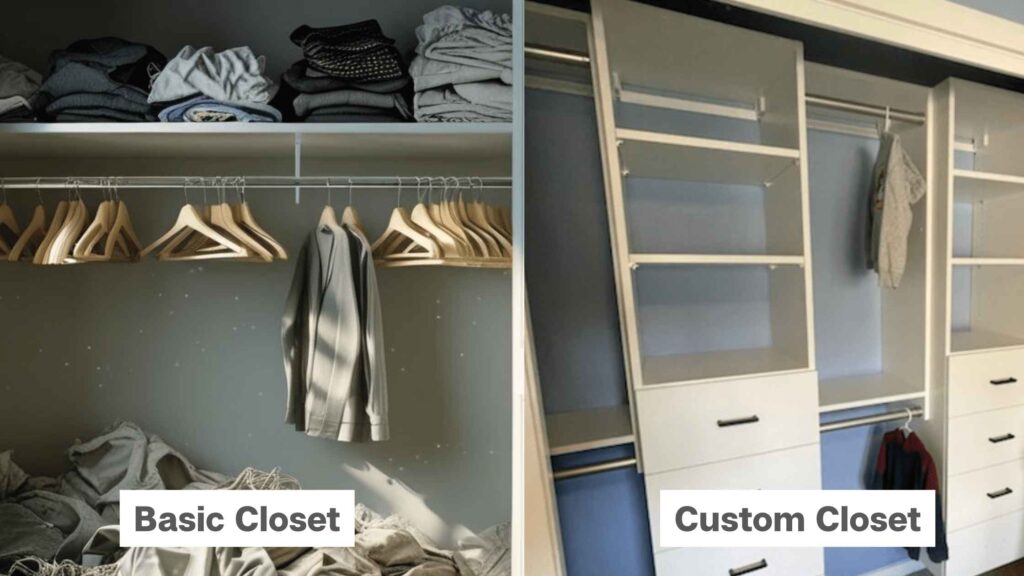 A side-by-side comparison of a basic closet vs. a custom closet system