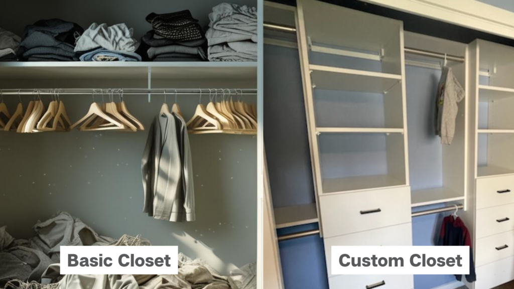 A side-by-side comparison of a basic closet vs. a custom closet system
