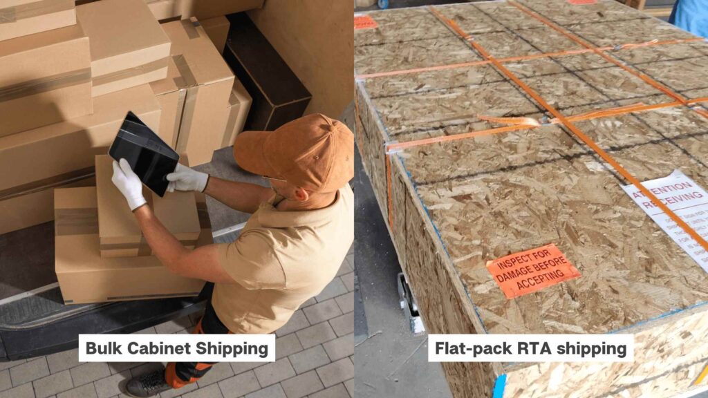 A side-by-side comparison of bulk cabinet shipping vs. flat-pack RTA shipping